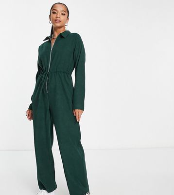 Lola May Petite zip front baby cord boilersuit in forest green