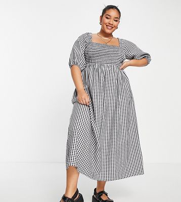Lola May Plus shirred smock maxi dress with tie back in black gingham