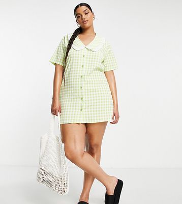 Lola May Plus shirt dress with oversized collar in green gingham