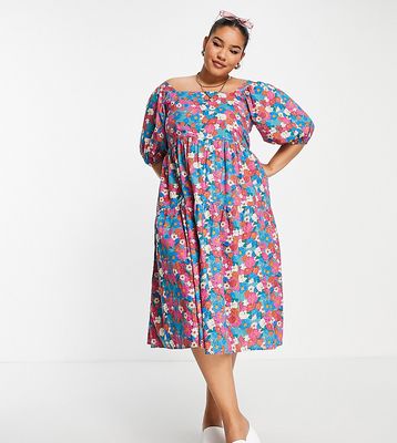 Lola May Plus tiered midi dress with puff sleeves in pink floral