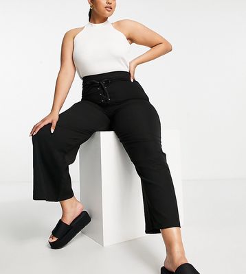 Lola May Plus wide leg pants with lace up front in black
