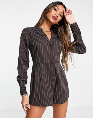 Lola May revere collared romper with open back in chocolate brown pinstripe