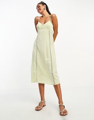 Lola May satin cami strap midi dress with cut out detail in sage-Green