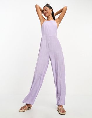 Lola May square neck wide leg jumpsuit with tie back in lilac-Purple