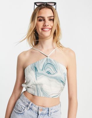 Lola May strappy open back satin crop top in abstract print-Multi