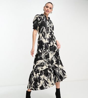 Lola May Tall midaxi tiered shirt dress in abstract print-Black