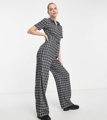 Lola May Tall zip front wide leg jumpsuit in check-Black