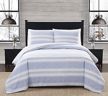 London Fog Blue Stripe Twin XL 2 Piece Flannel Comforter Set