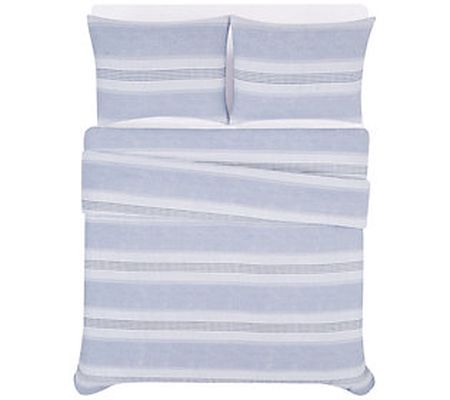 London Fog Blue Stripe Twin XL 2 Piece Flannel Duvet Cover Set