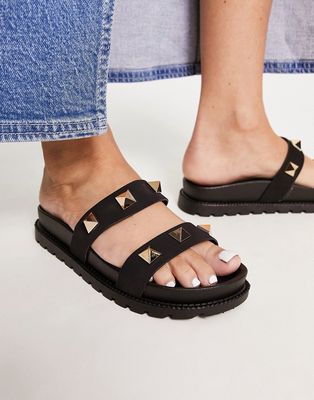London Rebel chunky double strap studded jelly sandals in black