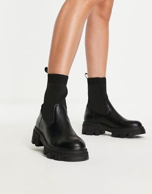 London Rebel chunky knitted pull on ankle boots in black