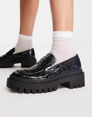 London Rebel chunky loafers in black croc