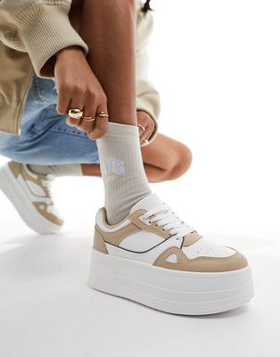 London Rebel chunky paneled flatform sneakers in white and beige