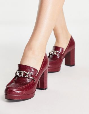 London Rebel chunky platform loafers with gold trim in red croc