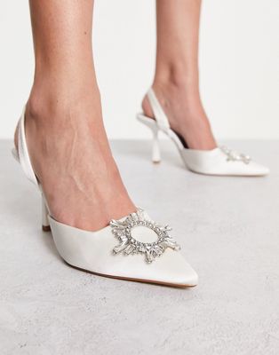 London Rebel embellished slingback bridal heeled shoes in ivory satin-White