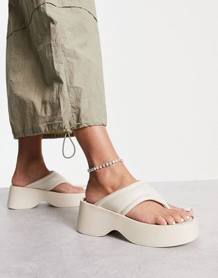 London Rebel flatform toe thong sandals in cream-White