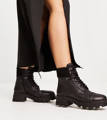 London Rebel Leather Wide Fit chunky hiker boot in black