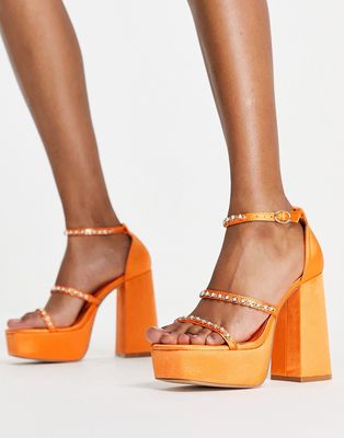 London Rebel mega platform embellished heeled sandals in orange satin