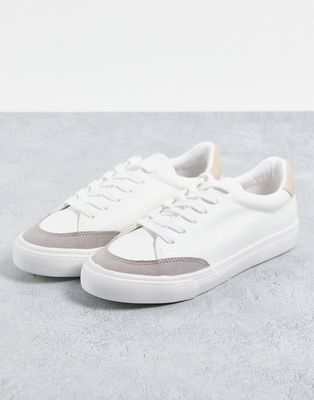 London Rebel minimal lace up sneakers in white with beige-Neutral