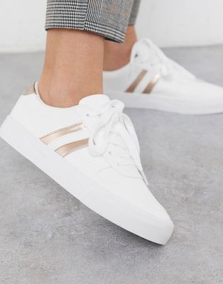 London Rebel side stripe lace up sneakers in white with rose gold