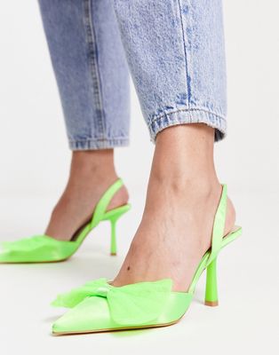 London Rebel sling back bow heeled shoes in green satin