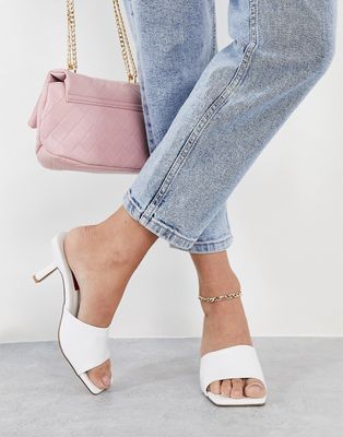 London Rebel square toe mid heel mule sandals in white