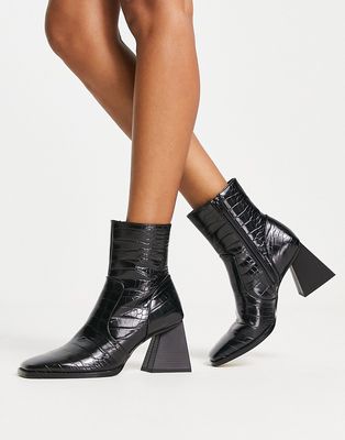 London Rebel square toe triangle heel boots in black croc