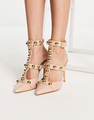 London Rebel studded strappy heeled shoes in beige-Neutral