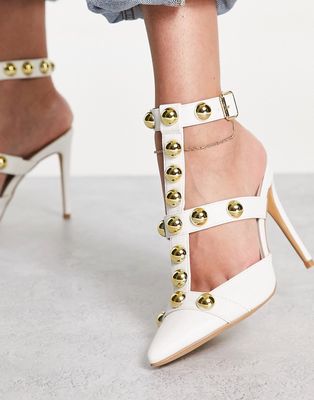 London Rebel studded strappy heeled shoes in white