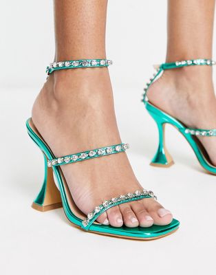 London Rebel three part embellished flare heeled sandals in green metallic