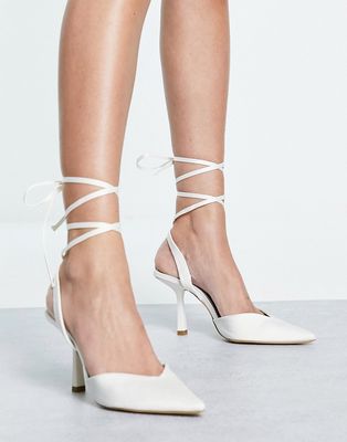 London Rebel tie leg mid heel shoes in ivory-White