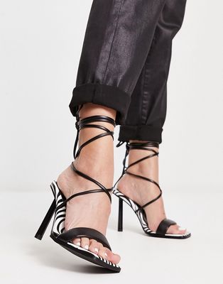 London Rebel tie leg square toe heeled sandals in zebra-Multi