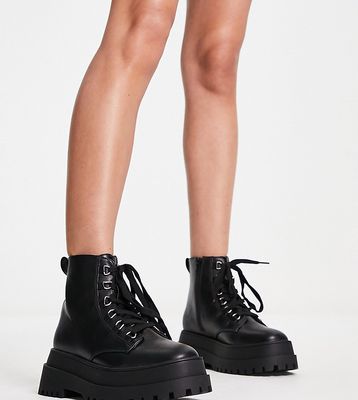 London Rebel Wide Fit chunky lace up boots in black