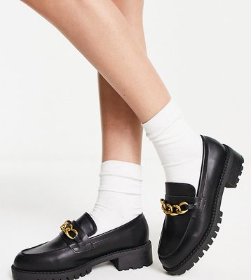 London Rebel Wide Fit chunky loafers with chain in black