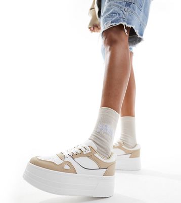 London Rebel Wide Fit chunky paneled flatform sneakers in white and beige
