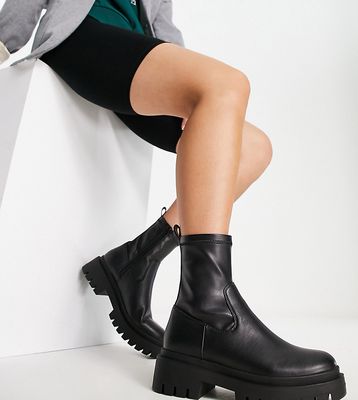 London Rebel Wide Fit chunky wedge sock boot in black