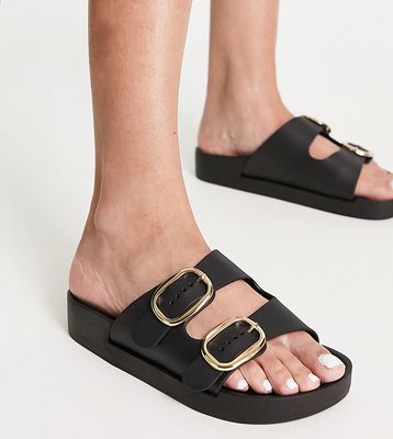 London Rebel wide fit double buckle footbed sandals in black