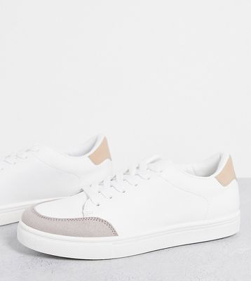 London Rebel wide fit minimal lace up sneakers in white with beige-Multi