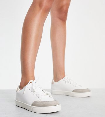 London Rebel wide fit minimal lace up sneakers in white with beige