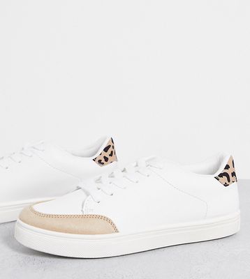 London Rebel wide fit minimal lace up sneakers in white with leopard-Multi