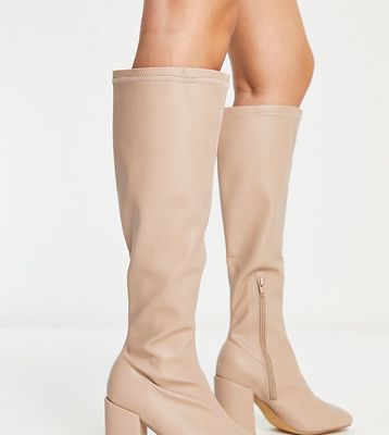 London Rebel Wide Fit over the knee sock boots in cream-White