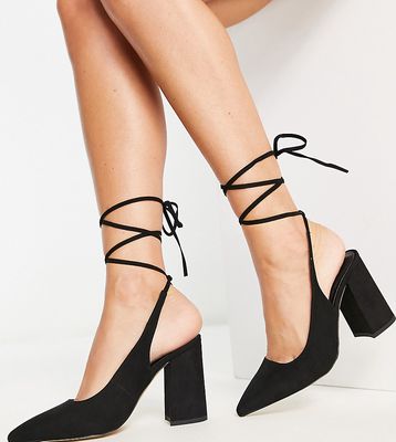 London Rebel wide fit pointed tie leg stiletto heeled shoes in black