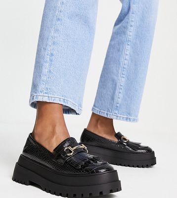 London Rebel wide fit snaffle apron loafer in black croc