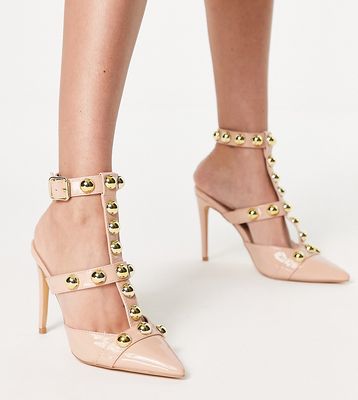 London Rebel wide fit studded strappy heeled shoes in beige-Neutral