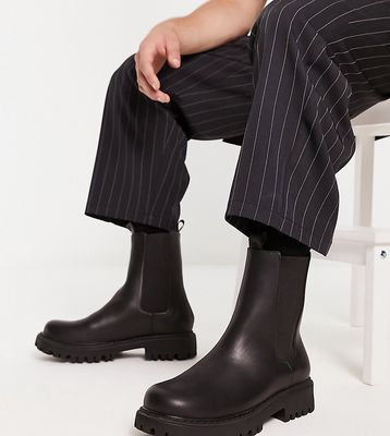 London Rebel X wide fit chunky mid calf chelsea boots in black