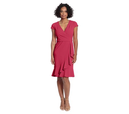 London Times Cap-Sleeve Knee-Length Ruffle Wrap Dress