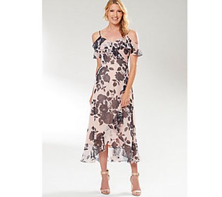 London Times Cold Shoulder Ruffle Wrap Maxi