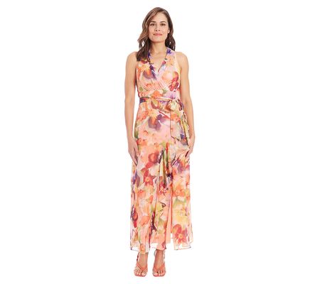 London Times Floral Halter Wrap Dress