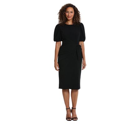 London Times Knee-Length Puff-Sleeve Sarong Wra p Dress