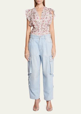Lonea Floral Ruched Flutter-Sleeve Top